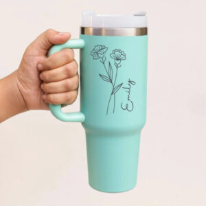 personalized stainless steel tumbler, customized with your name and a delicate birth flower design